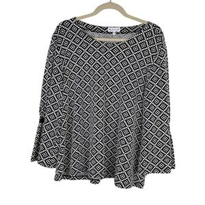 Habitat Geometric Textured Print Bell Sleeve Top Black Artsy Retro Lagenlook XL